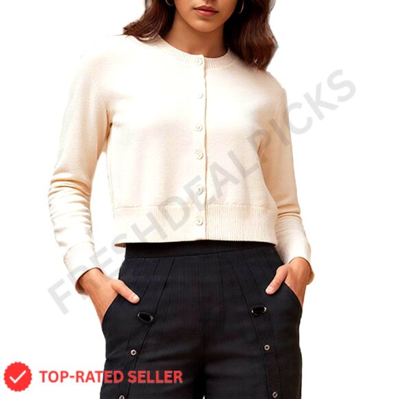 Cropped Cardigan Sweater Button Up Long Sleeve Crew Neck Knit Top Trendy Fall